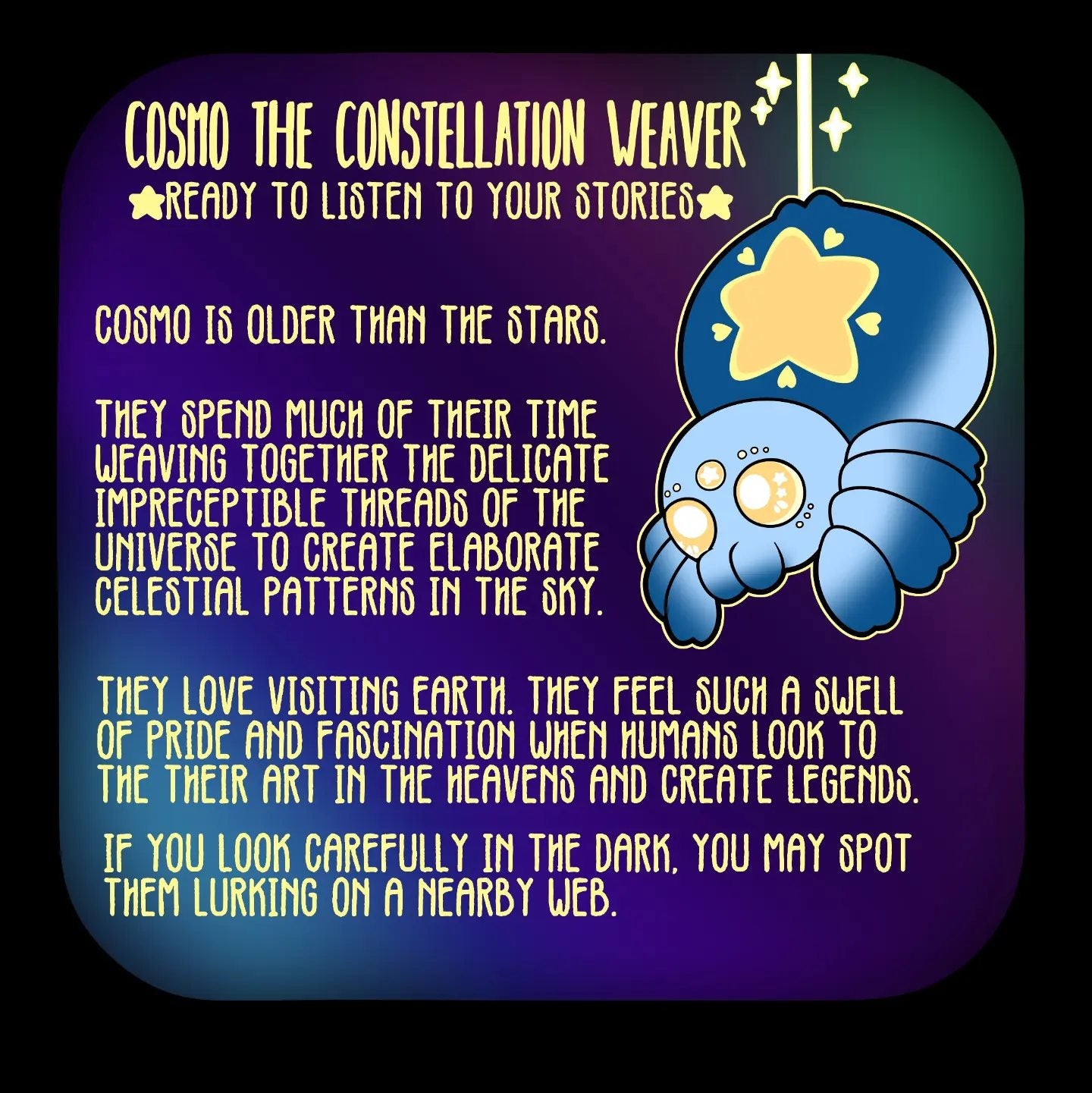 A graphic explaining Cosmo's backstory about being the creator of constellations in the night sky.