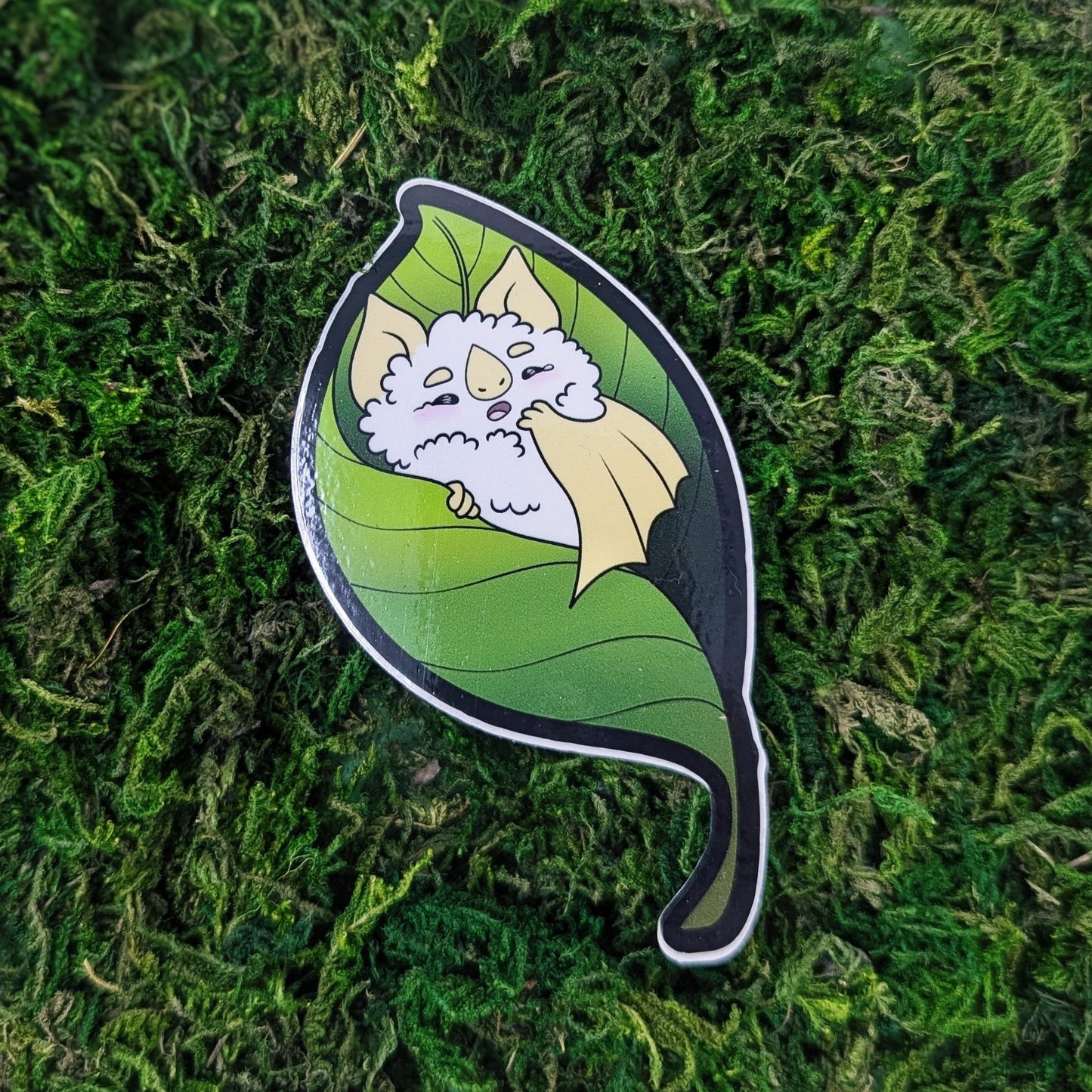 Photograph of a mossy background with a vinyl sticker of a Honduran White Bat sleeping in a leaf and yawning.