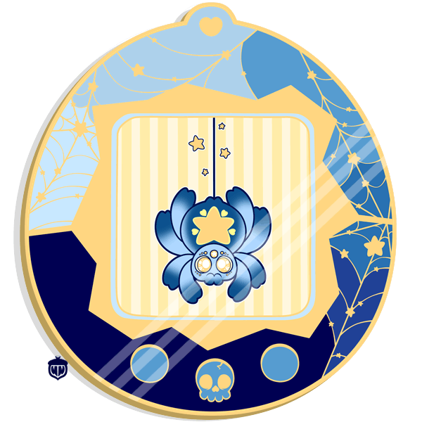 GIF of an egg shaped graphic with a blue and yellow star spider. The spider is in a tamagotchi type device that is blue with gold webs. The screen of the tamagotch is animated to show Cosmo climbing down a web.