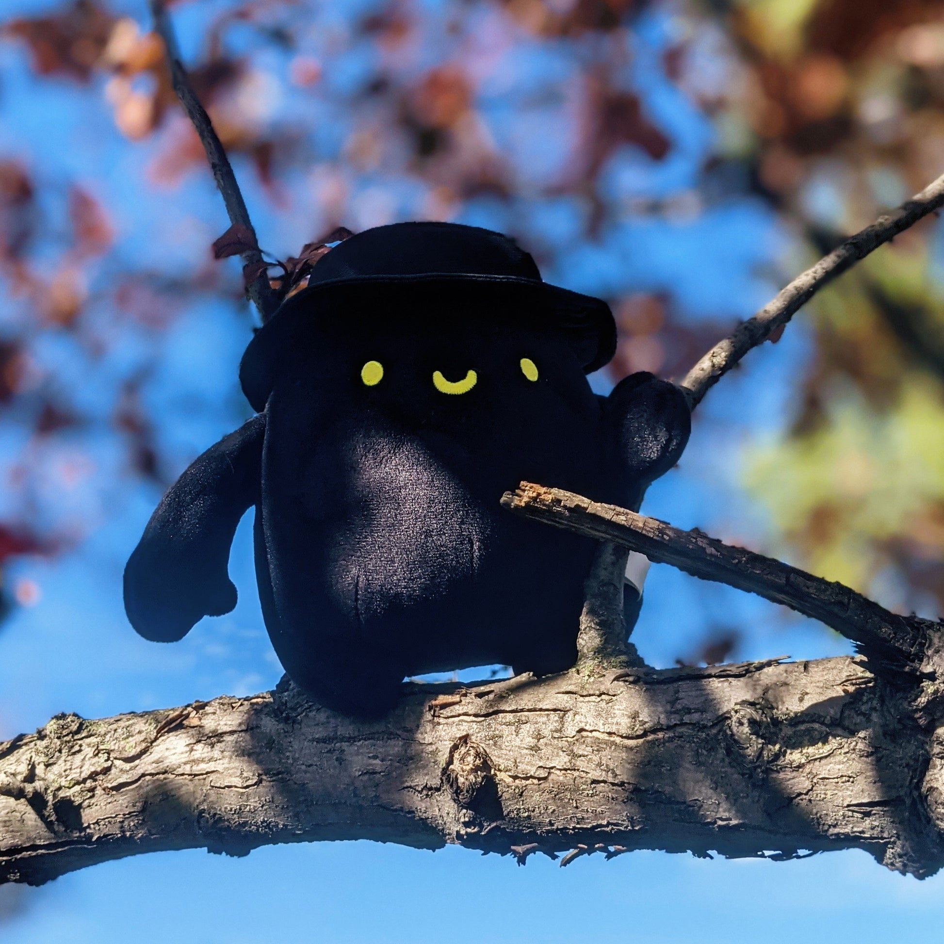 Photograph of Hat Man hanging out on a tree branch.