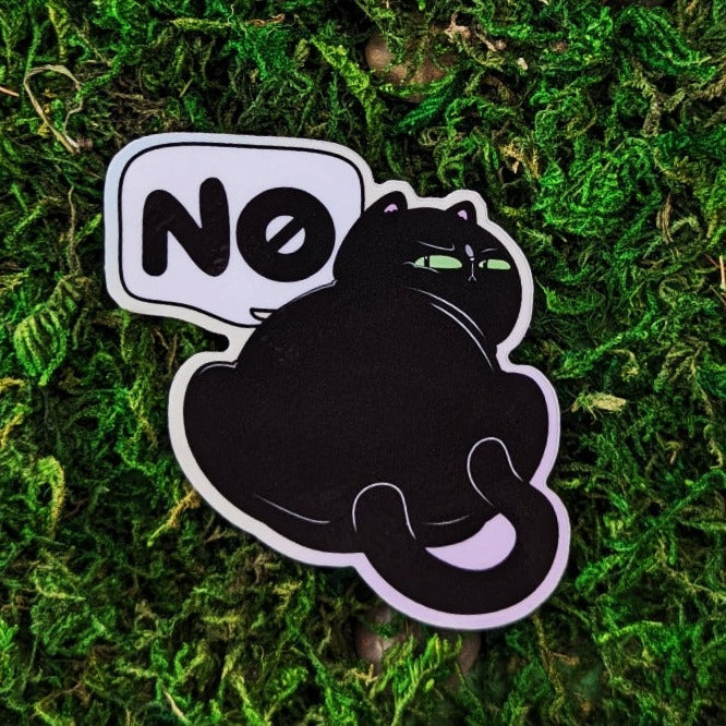 Photograph of a mossy background with a vinyl sticker of a black cat looking displeased backwards and saying, “No.”