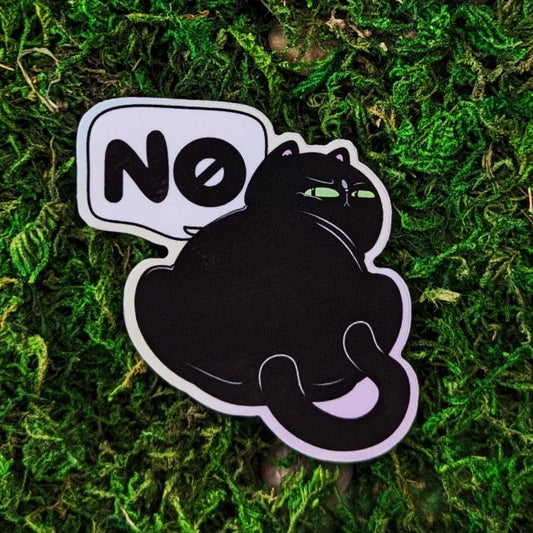 Photograph of a mossy background with a vinyl sticker of a black cat looking displeased backwards and saying, “No.”