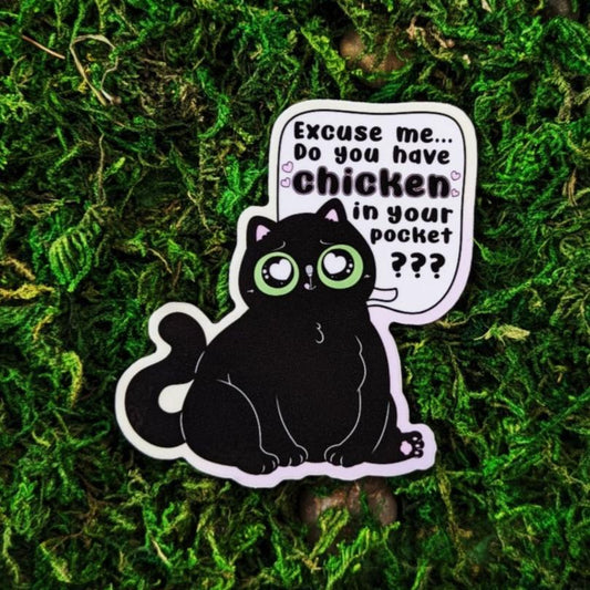 Photograph of a mossy background with a vinyl sticker of a black cat looking hungry saying, “Excuse me… Do you have chicken in your pocket???”