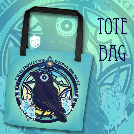 An advertising graphic of a tote bag that is teal. There is a raven on the bag hanging on a circle window. Overhead it says, "I will protect you through the night."