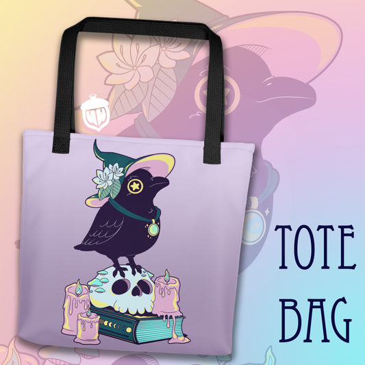 An advertising graphic of a tote bag that is blue and orange gradient. There is a raven on the bag with an orange witch hat. They're carrying a wood staff with a lantern on it.