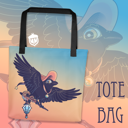 An advertising graphic of a tote bag that is blue and orange gradient. There is a raven on the bag with an orange witch hat. They're carrying a wood staff with a lantern on it.
