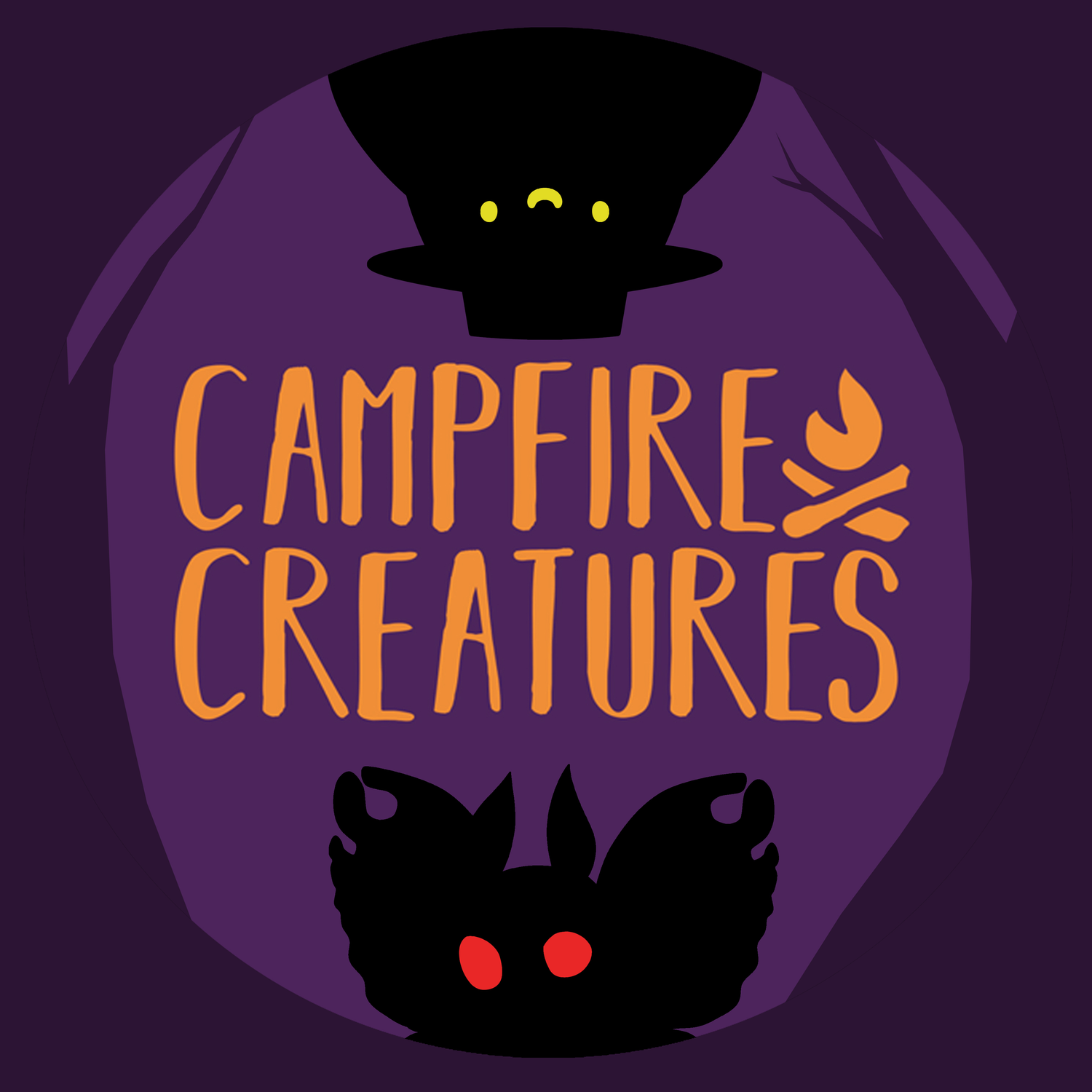 A graphic that shows a simple purple forest with shadowy creatures like Hatman and Mothman lurking. The middle says "Campfire Creatures." This is our section for cryptid inspired artworks.