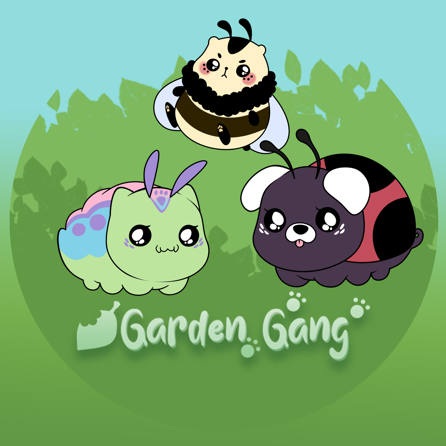 A graphic of a lush garden with Kittypillar the catterpillar cat, Honeyham the hamster bee, and Ladypug the ladybug pug. Under it says, "Garden Gang." This section is for all artworks Kittypillar and the Garden Gang.