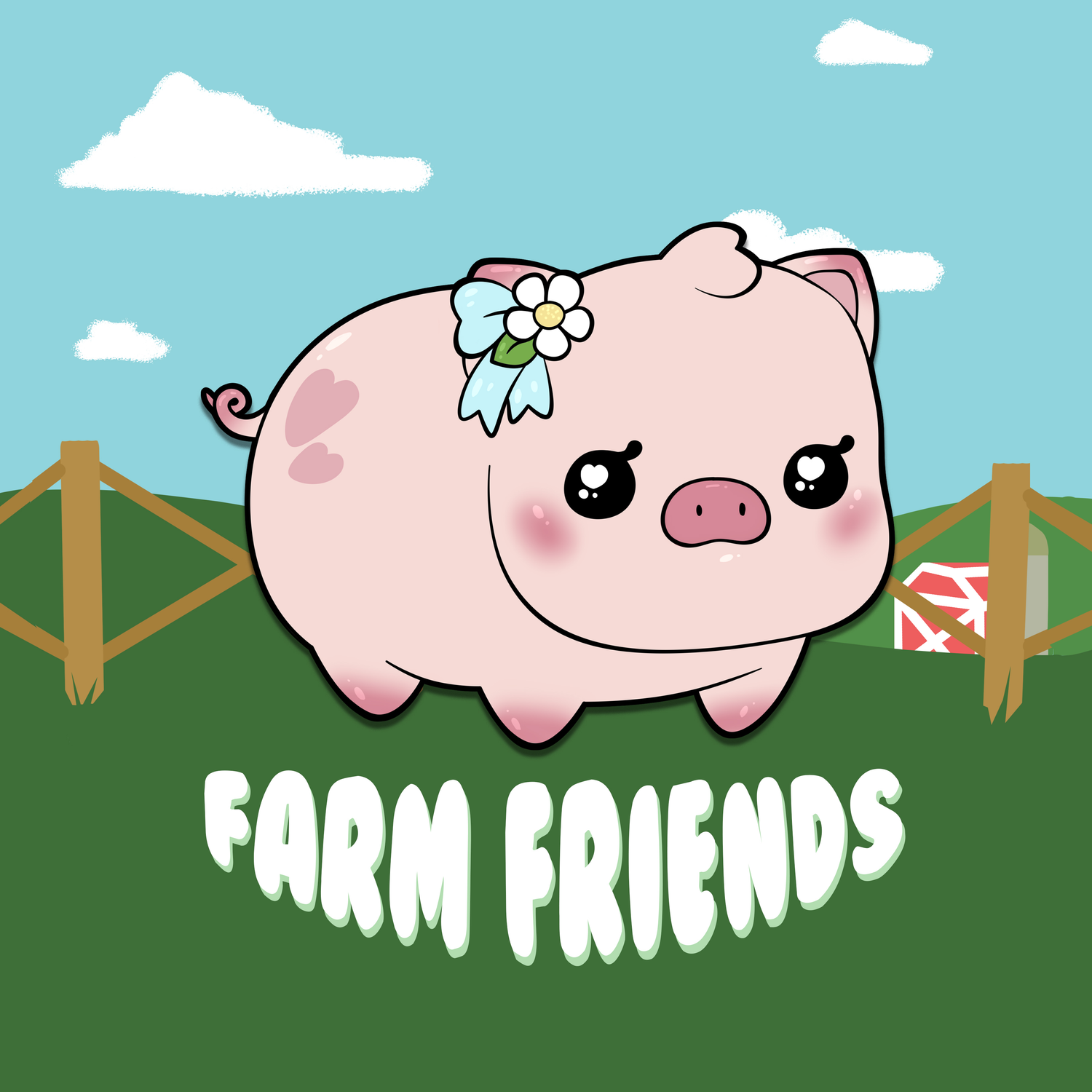 A graphic of a pig on a farm that says "Farm Friends."