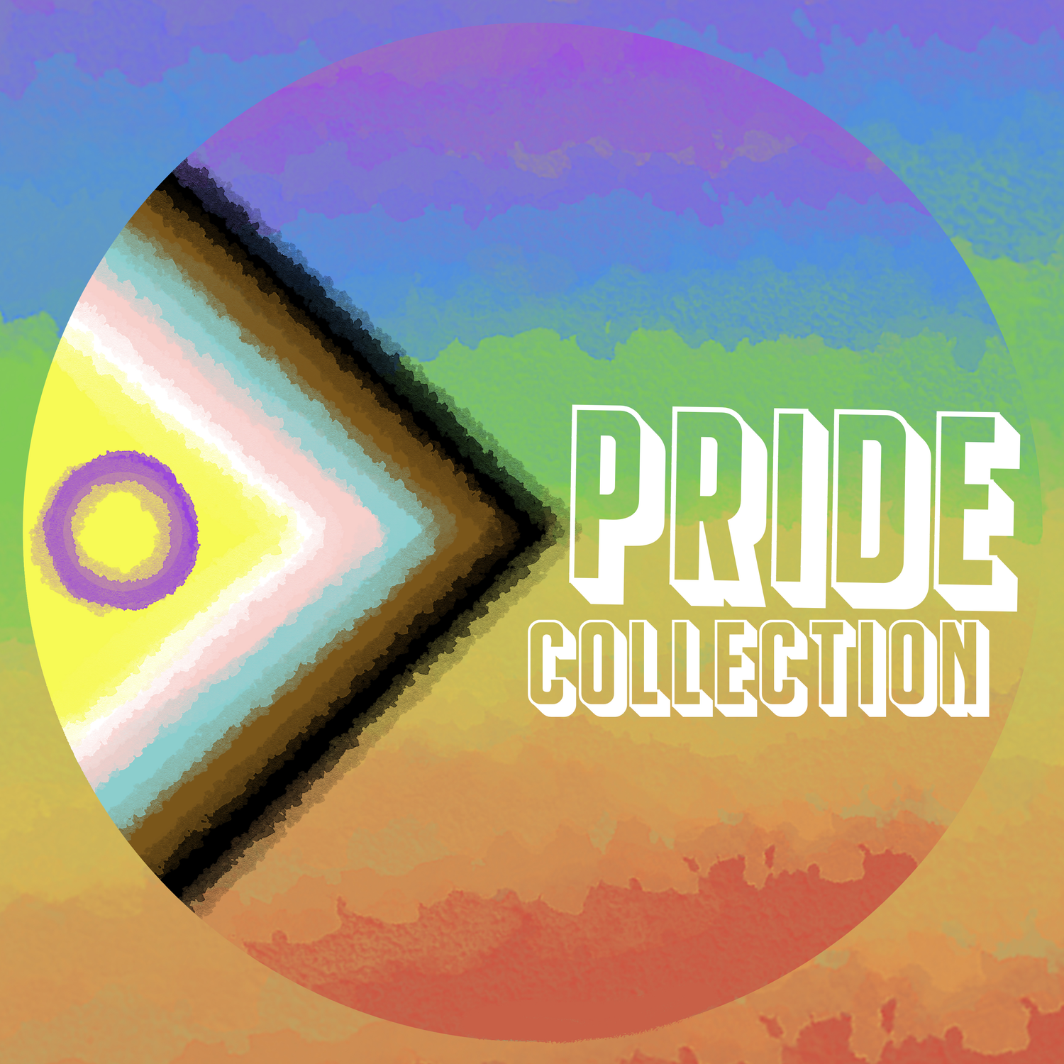 A graphic showing the progress flag in a slight tie dye texture. The text says, "Pride Collection" this is our section dedicated to LGBT pride artworks.