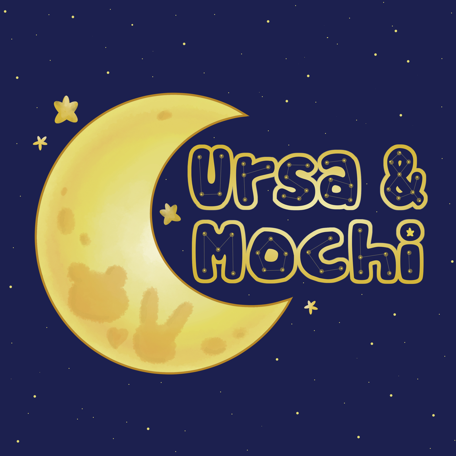 A graphic of a night sky with a crescent moon that has a bunny and bear shadow on the surface. The text says "Ursa and Mochi." This is our section for all artwork around Ursa the star bear and Mochi the Moon Rabbit.