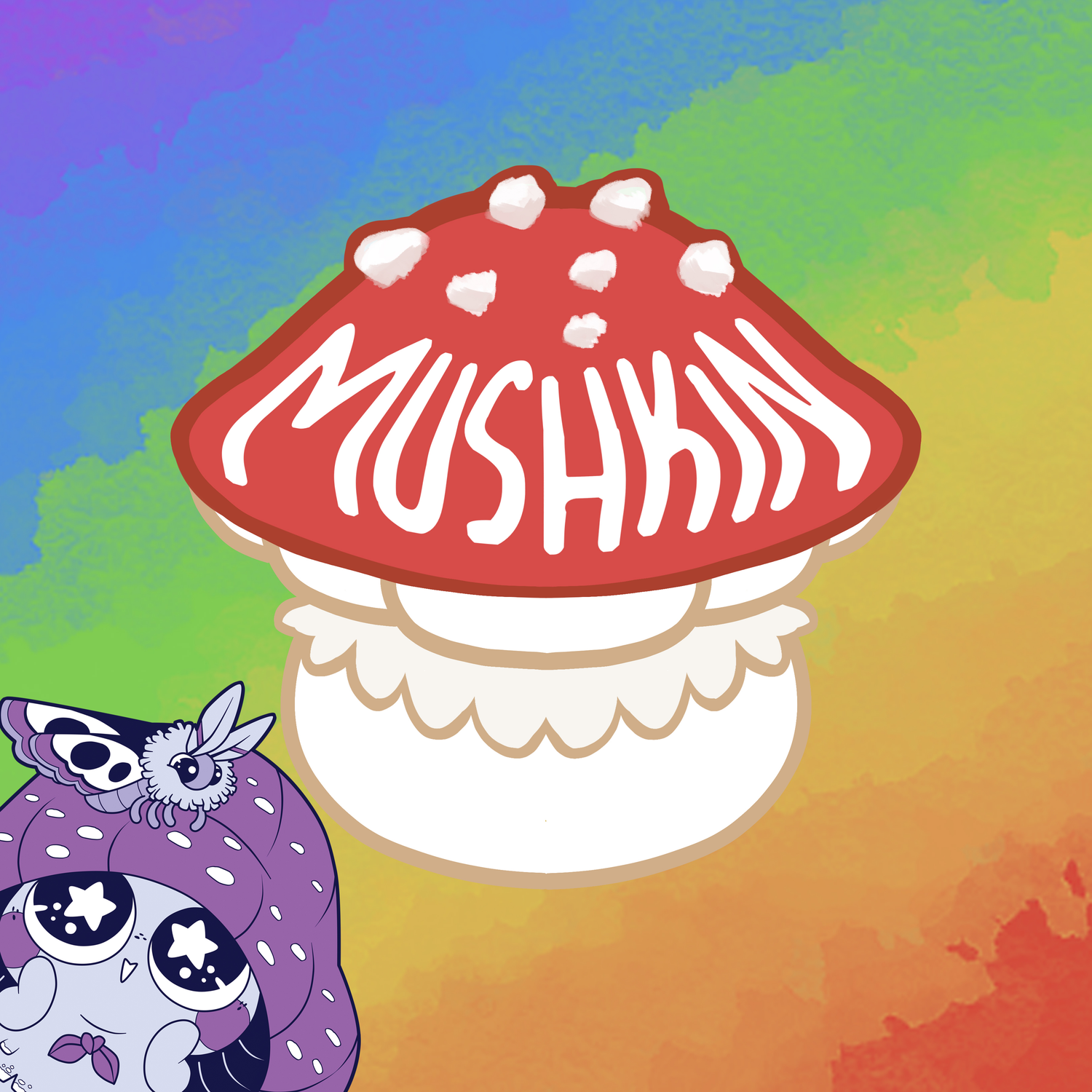 A rainbow graphic with a mushroom logo in the middle that says "Mushkin." In the bottom lefthand corner is a purple mushroom Mushkin. This section is dedicated to all Mushkin artwork.