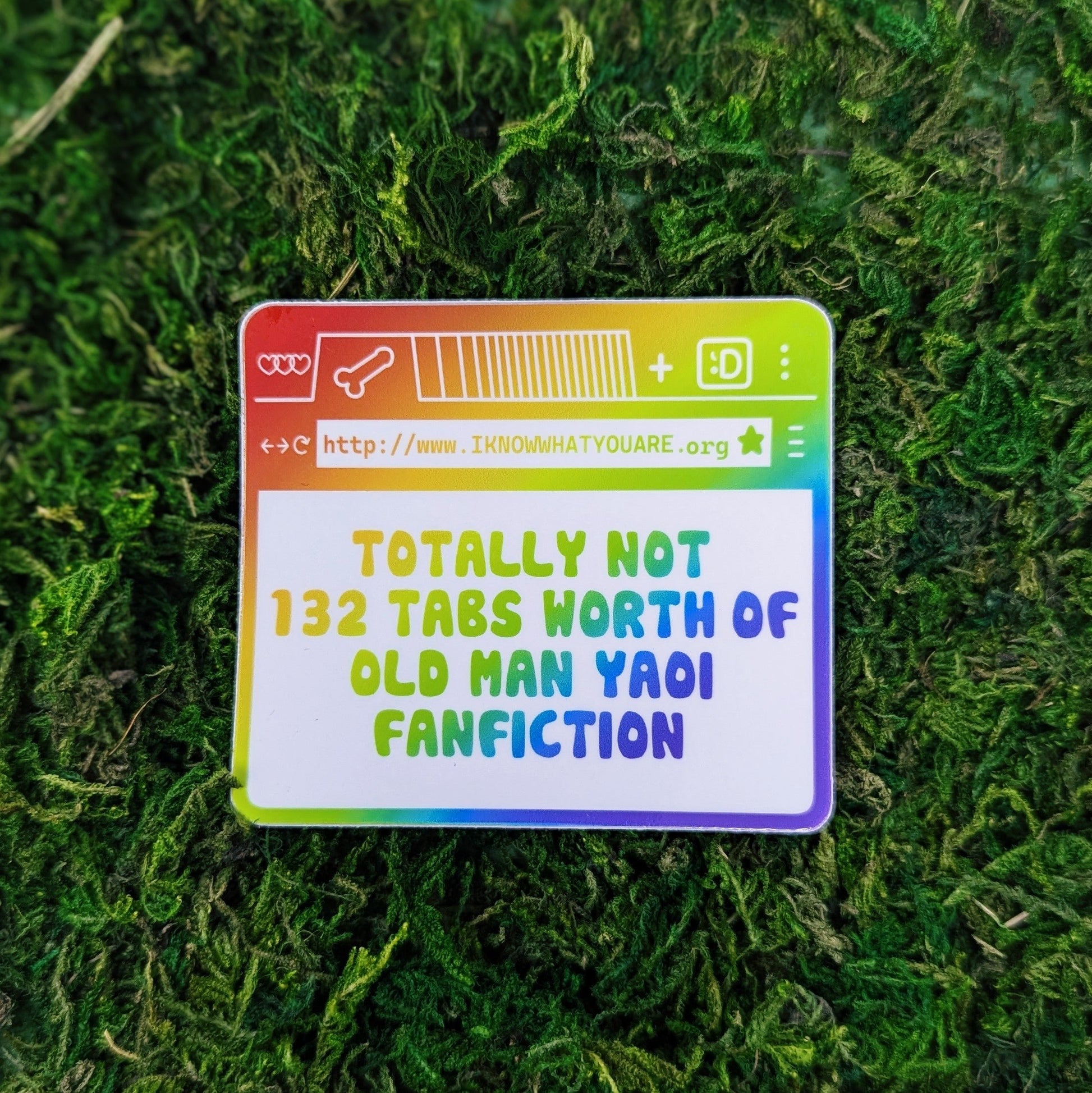 Photograph of a mossy background with a vinyl sticker of a rainbow internet browser. The website says “http://www.IKNOWWHATYOUARE.org” and the webpage says, “Totally note 132 tabs worth of old man yaoi fanfiction.”