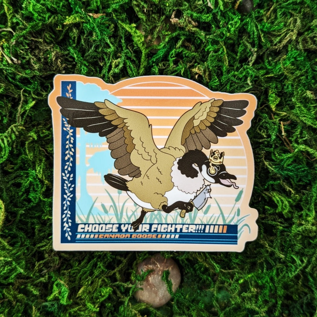 Photograph of a mossy background with a vinyl sticker of a Canada Goose with a cardboard crown and a kitchen knife. Under the goose it says, “Choose your Fighter!!! Canada Goose”