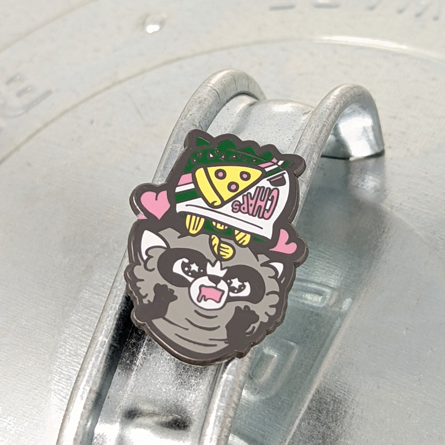 Chaps Raccoon Chips From Above Enamel Pin