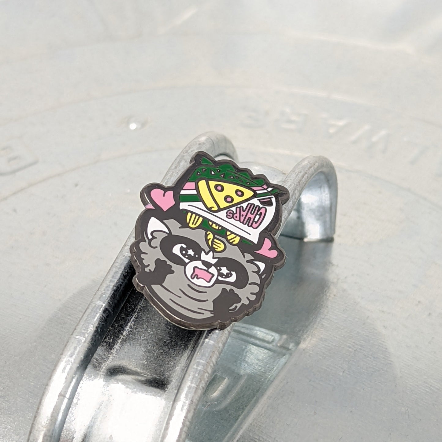 Chaps Raccoon Chips From Above Enamel Pin