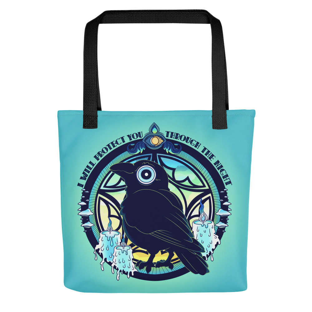 An advertising graphic of a tote bag that is teal. There is a raven on the bag hanging on a circle window. Overhead it says, "I will protect you through the night." 