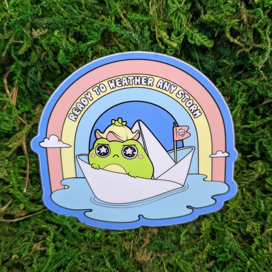Photograph of a mossy background with a 3 inch vinyl sticker of a Frog in a paper boat floating under a rainbow. The text says “Ready to weather any storm.”