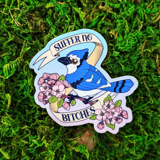 Photograph of a mossy background with a vinyl sticker of a bluejay on a cherry blossom branch. A scroll banner around the bird says, “ Suffer No Bitches.”