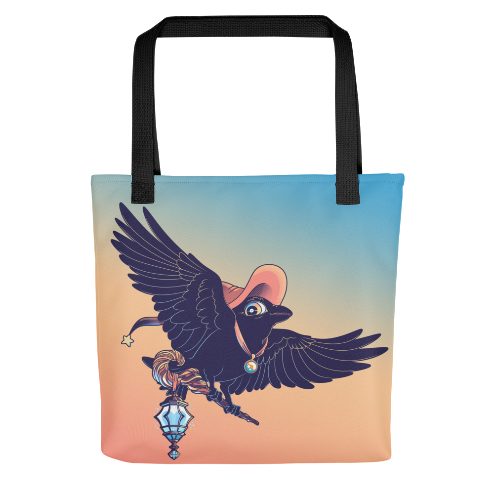 An advertising graphic of a tote bag that is blue and orange gradient. There is a raven on the bag with an orange witch hat. They're carrying a wood staff with a lantern on it. 