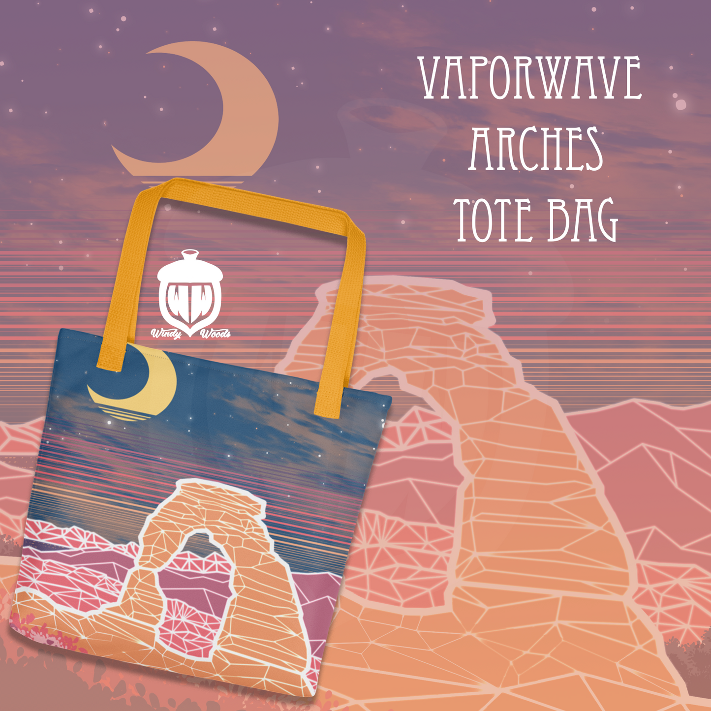 A graphic of a tote bag with vaporwave style Delicate Arch from Arches National Park.A graphic of a tote bag with vaporwave style Delicate Arch from Arches National Park.