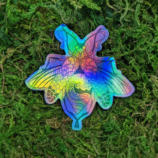 Photograph of a mossy background with a vinyl sticker of a holographic beetle with a water theme.